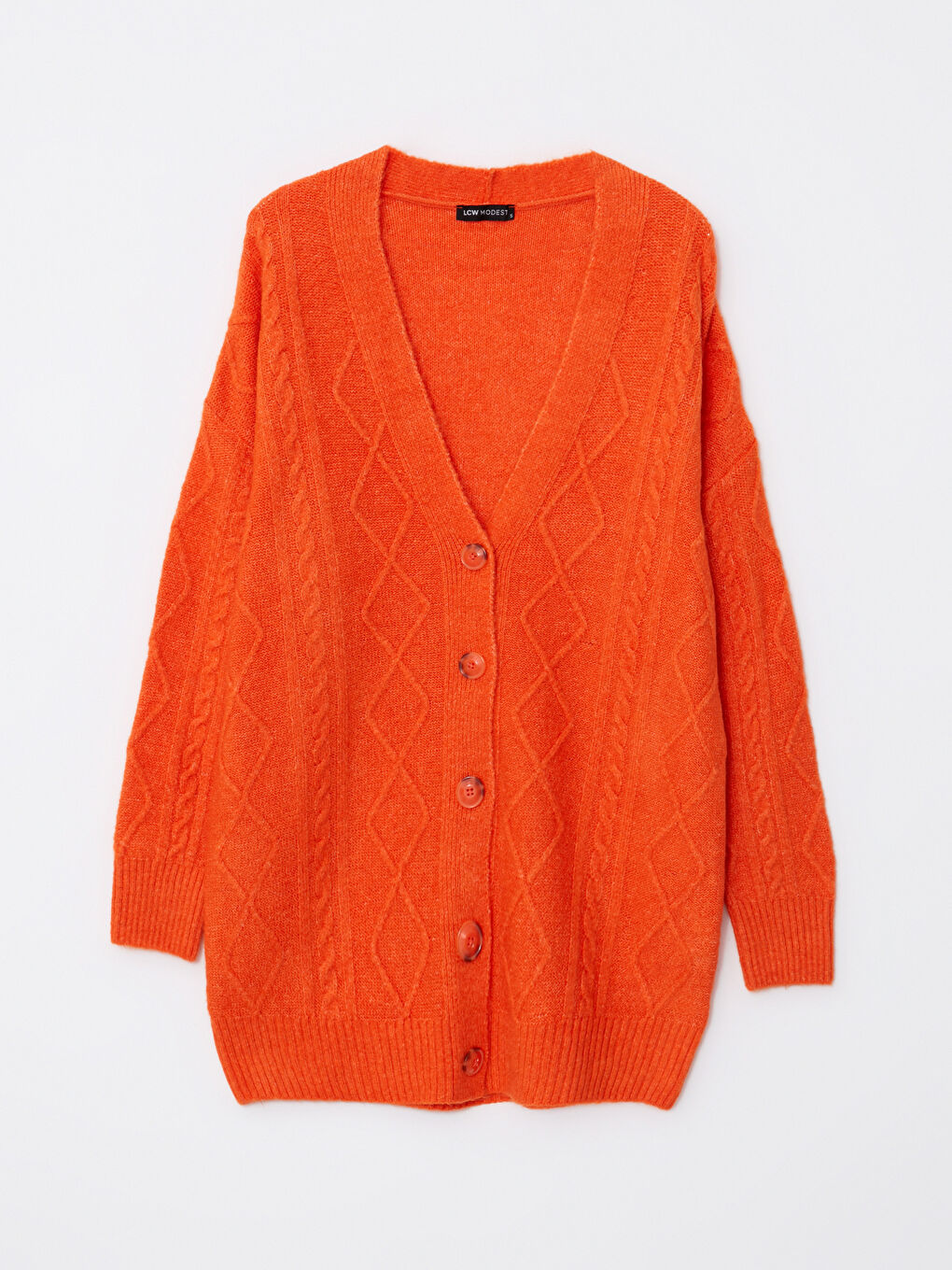 Turuncu V Yaka Kendinden Desenli Uzun Kollu Kadın Triko Hırka