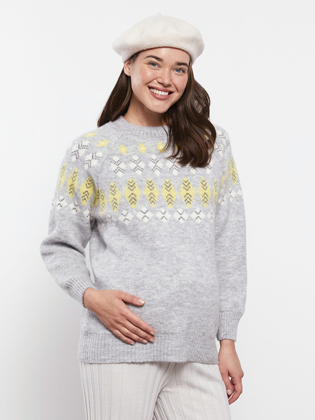 Gri Bisiklet Yaka Desenli Uzun Kollu Hamile Triko Kazak