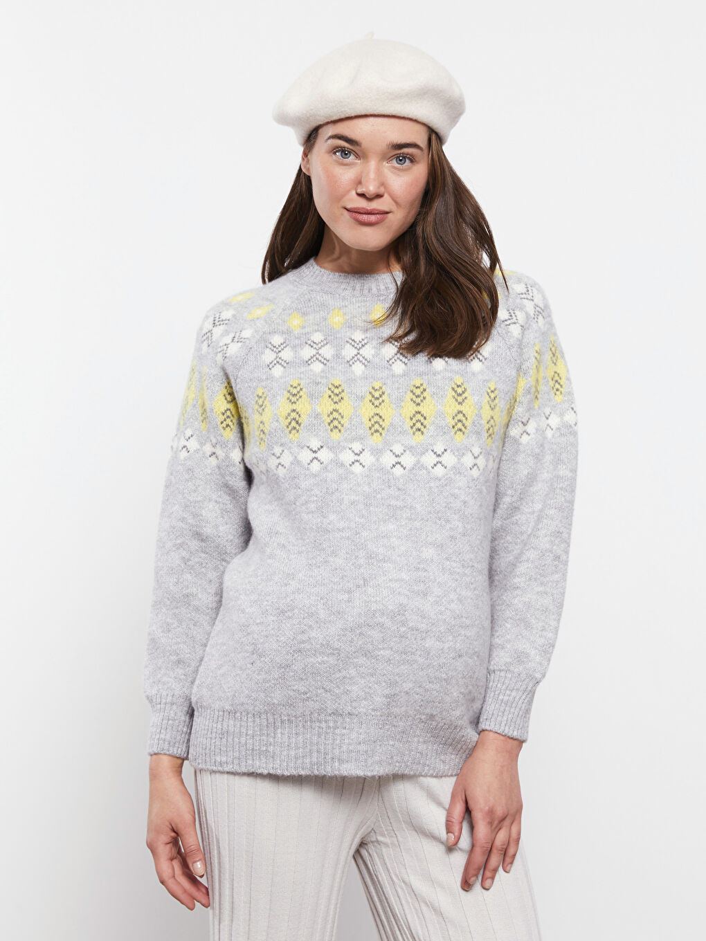 Gri Bisiklet Yaka Desenli Uzun Kollu Hamile Triko Kazak-1