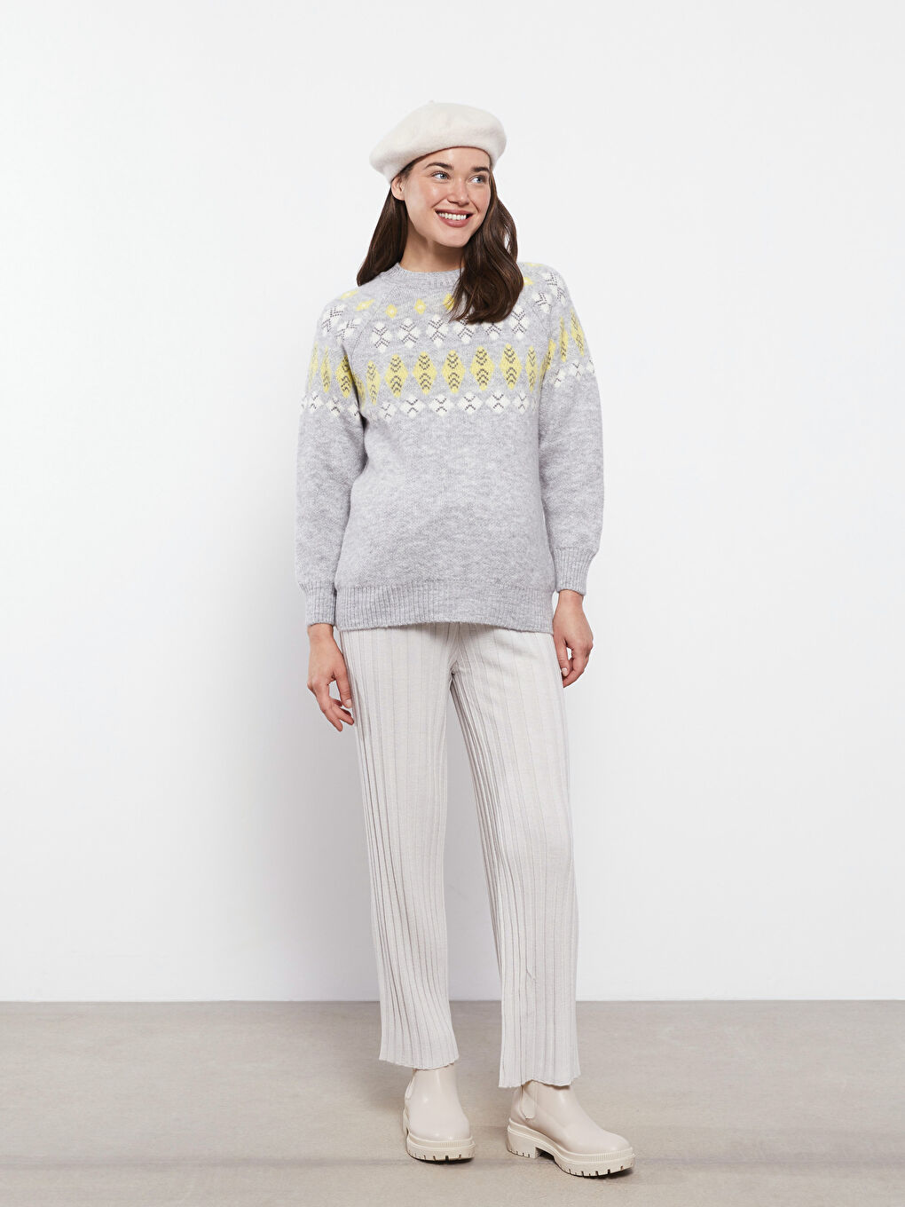 Gri Bisiklet Yaka Desenli Uzun Kollu Hamile Triko Kazak-2