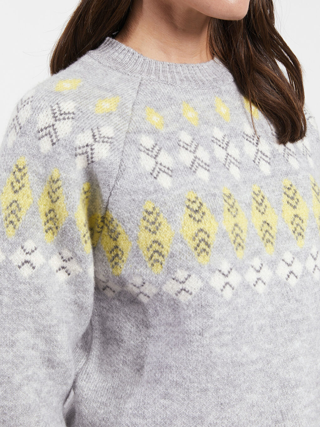 Gri Bisiklet Yaka Desenli Uzun Kollu Hamile Triko Kazak-3