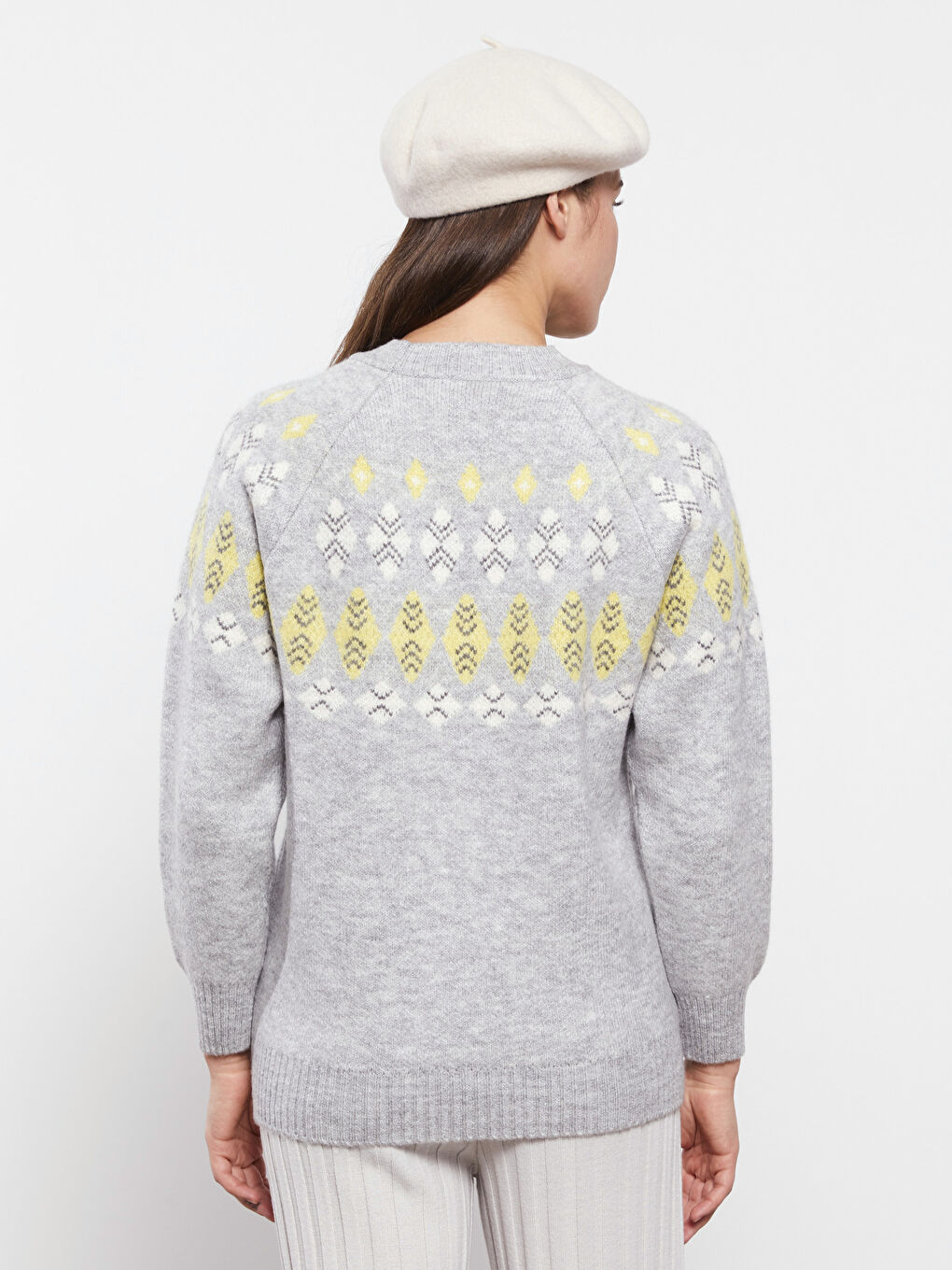 Gri Bisiklet Yaka Desenli Uzun Kollu Hamile Triko Kazak-4