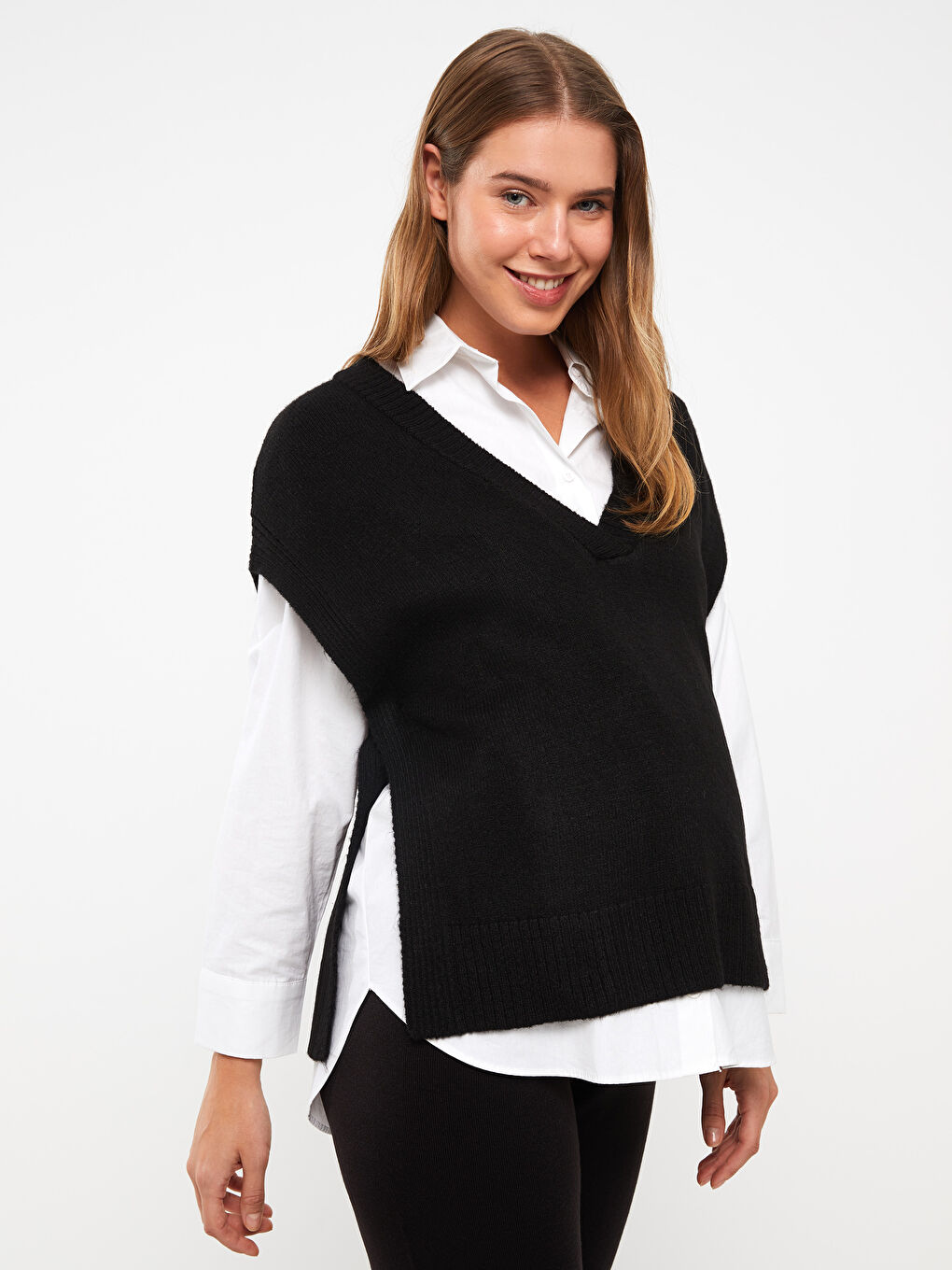 LCWAIKIKI Maternity V-Ausschnitt Schlichter Strick Pullunder Schwangerschaftspullover -W2GE74Z8-CVL