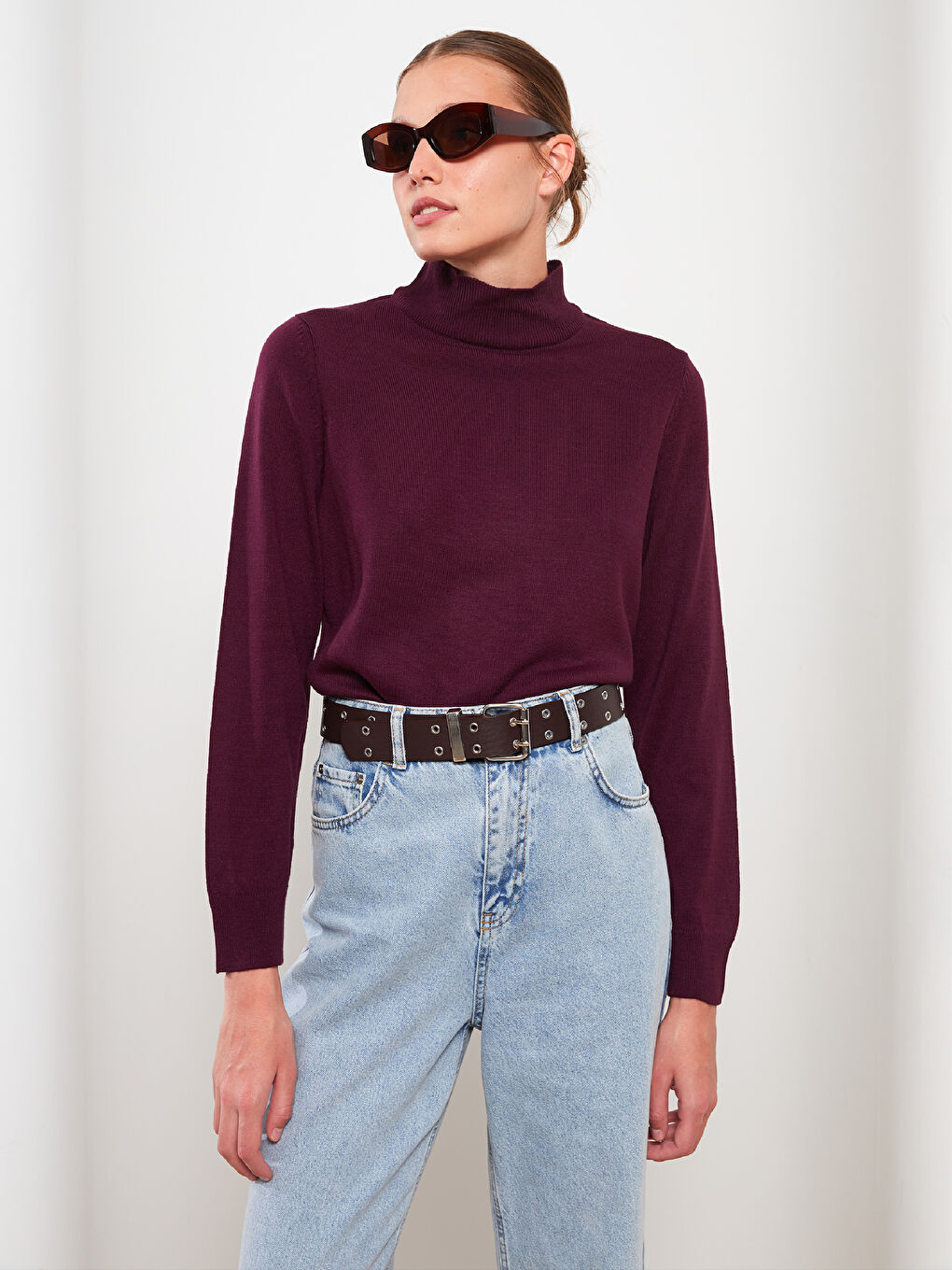 Bordo Yarım Balıkçı Yaka Kadın Triko Kazak-1