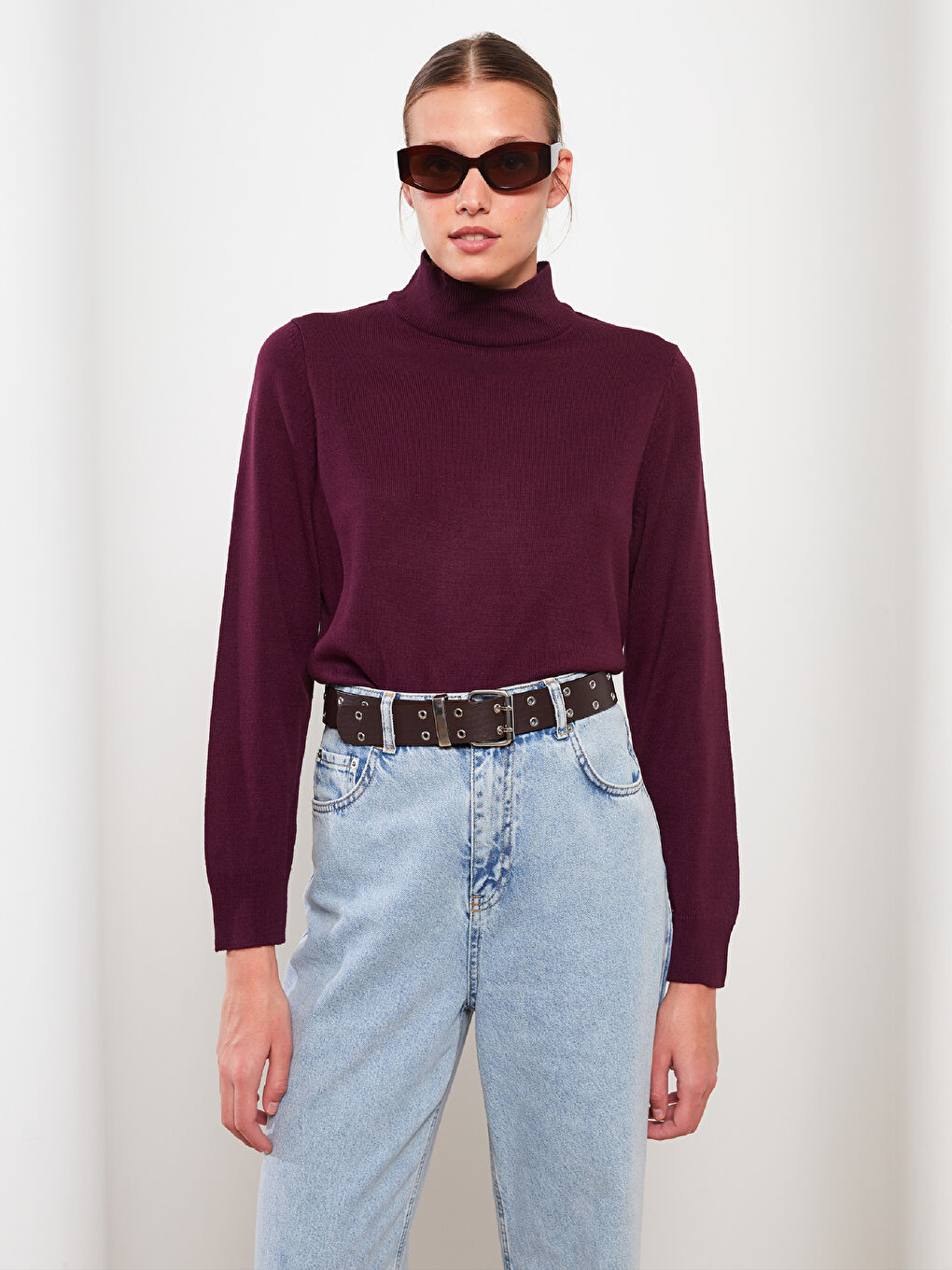 Bordo Yarım Balıkçı Yaka Kadın Triko Kazak-2