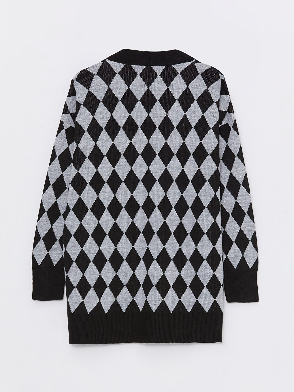 Siyah V Yaka Desenli Kadın Triko Hırka-6