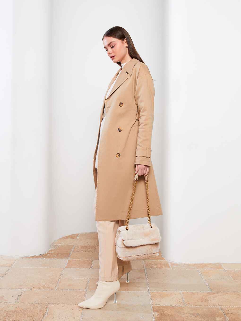 Bej Düz Kürk Kadın Omuz Çantası-2