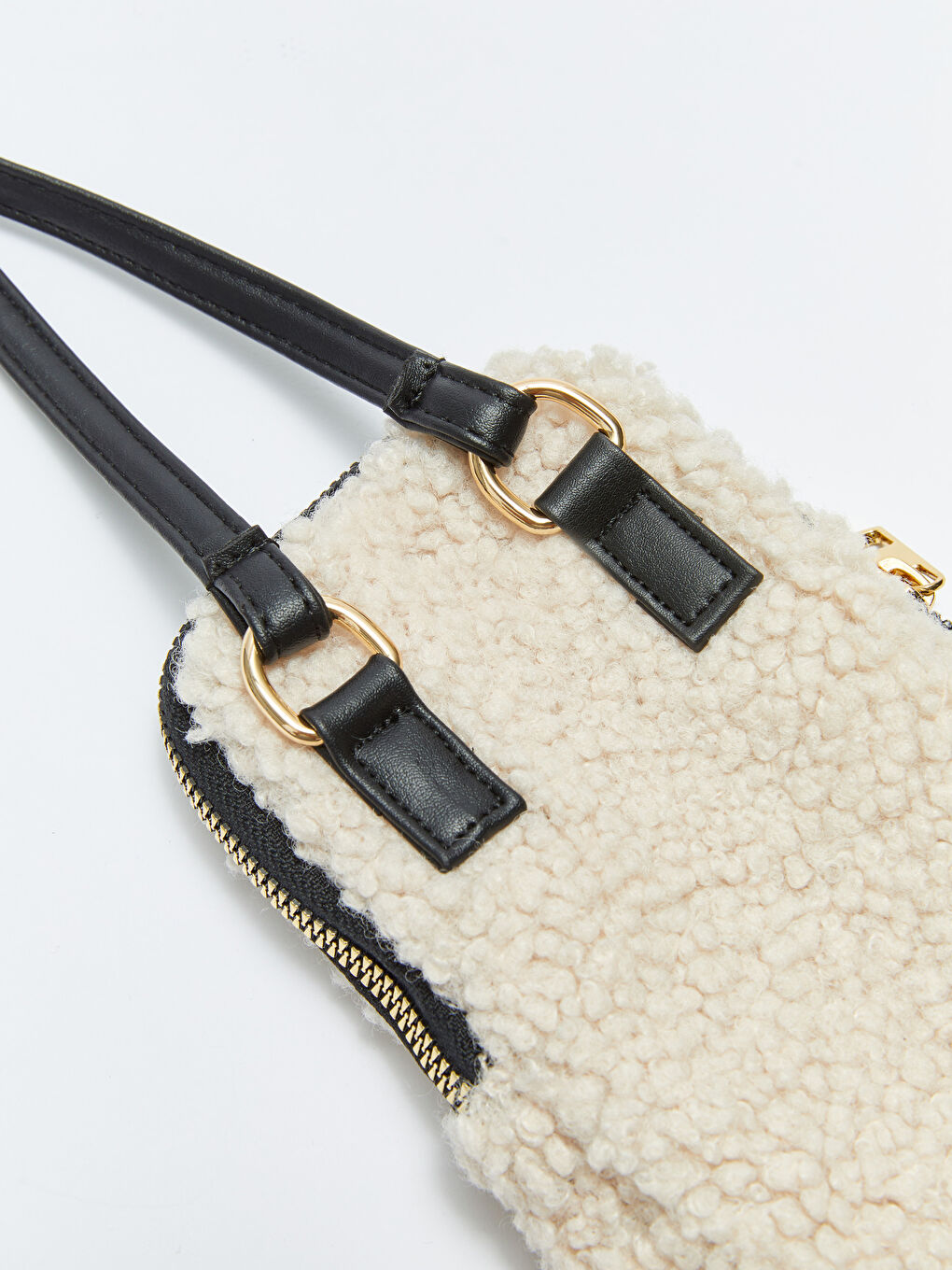 Ekru Baskılı Pelüş Kadın Telefon Çantası-5