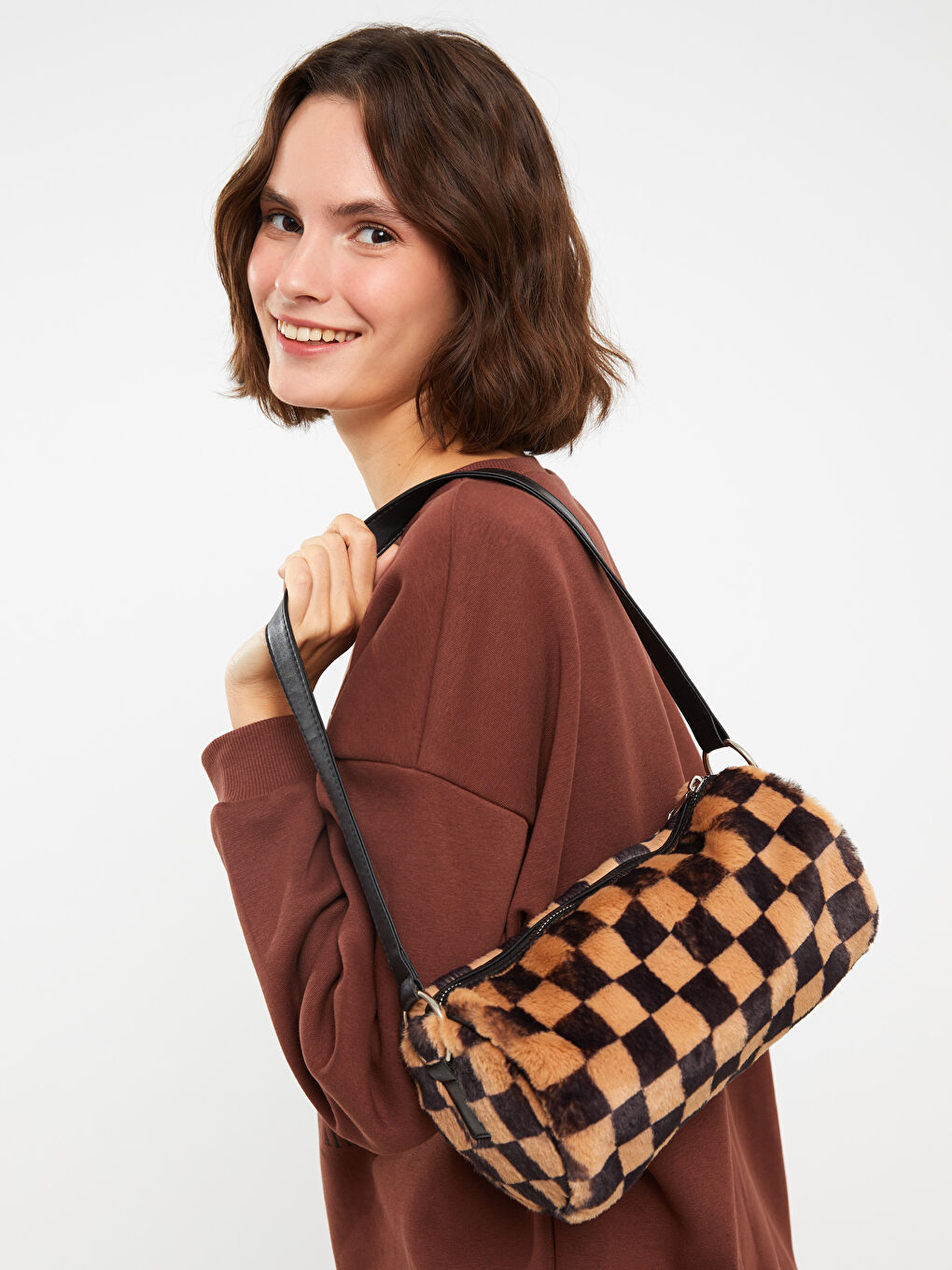 LCW ACCESSORIES Καρό Εκτυπωμένη Γυναικεία Τσάντα σε σχήμα Μπαγκέτα από Γούνα -W2GF89Z8-LQJ