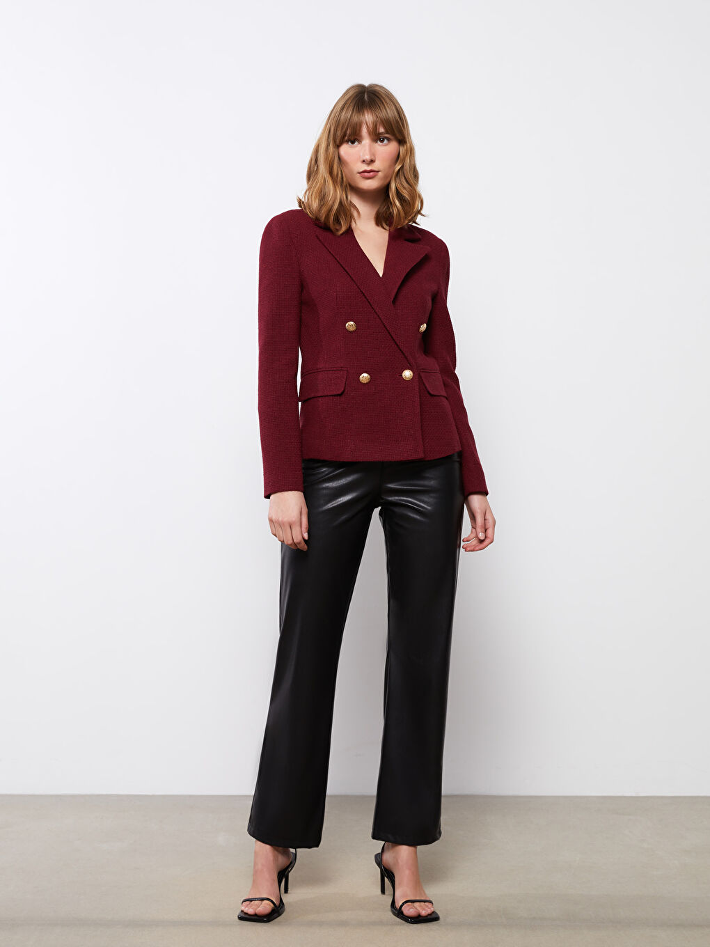 Bordo Önden Düğme Kapamalı Uzun Kollu Kadın Blazer Ceket-1