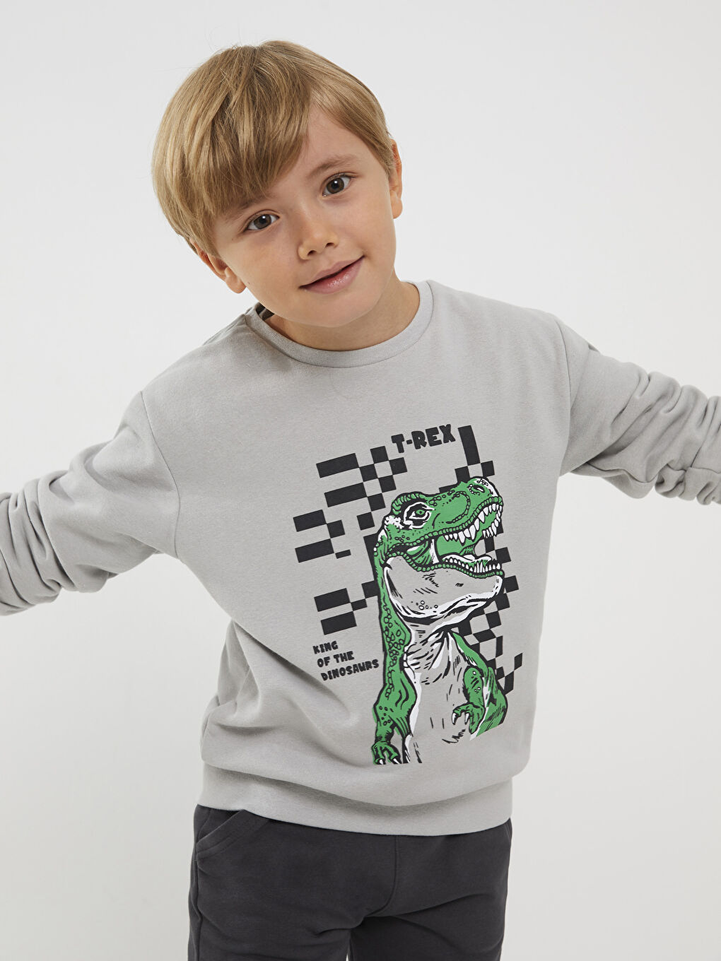 Gri Bisiklet Yaka Baskılı Uzun Kollu Erkek Çocuk Sweatshirt ve Eşofman Altı