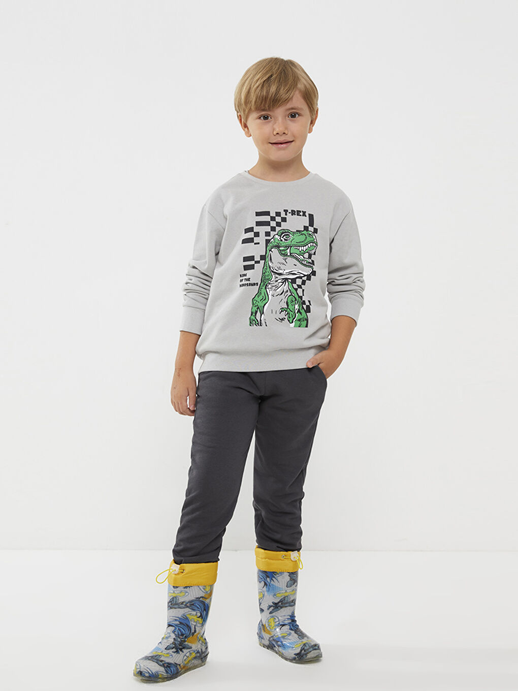 Gri Bisiklet Yaka Baskılı Uzun Kollu Erkek Çocuk Sweatshirt ve Eşofman Altı-1