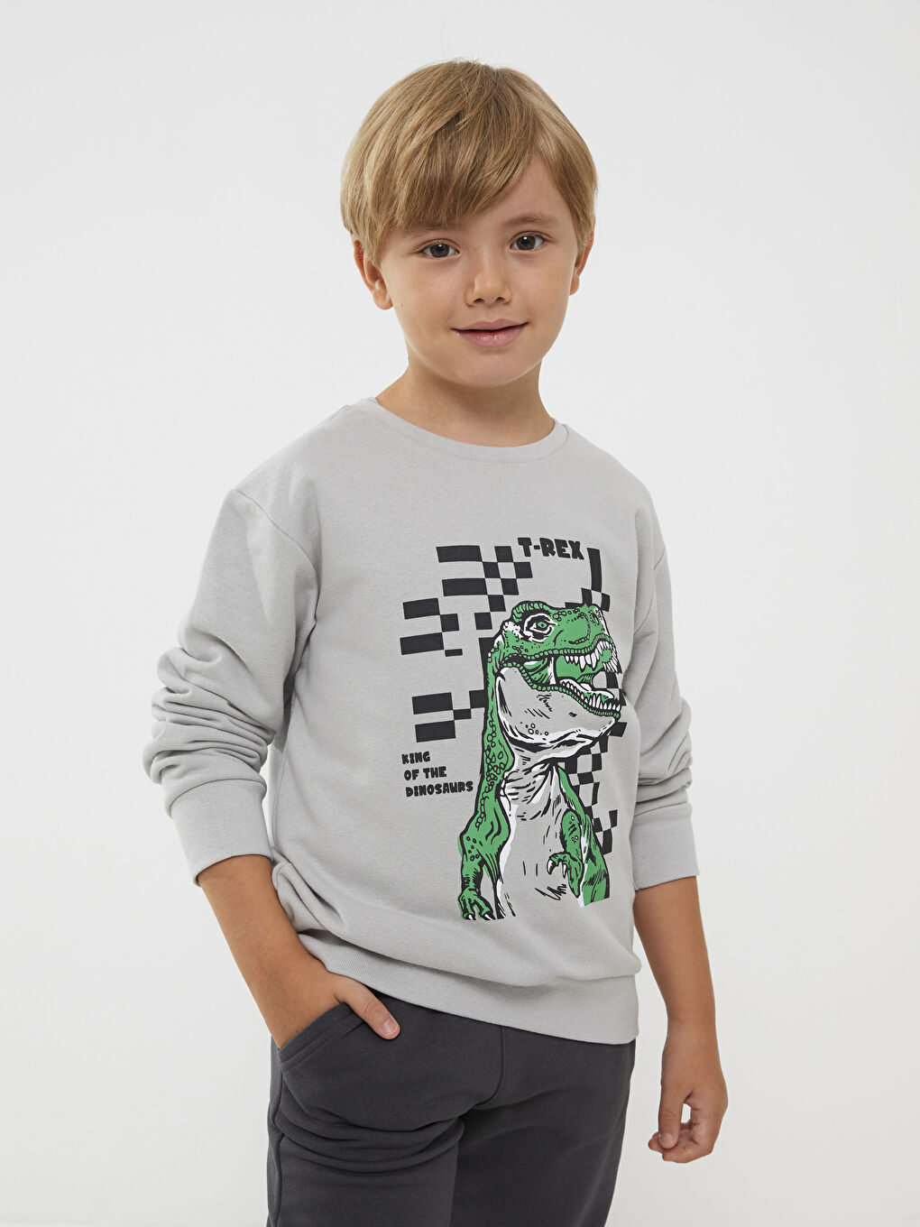 Gri Bisiklet Yaka Baskılı Uzun Kollu Erkek Çocuk Sweatshirt ve Eşofman Altı-2