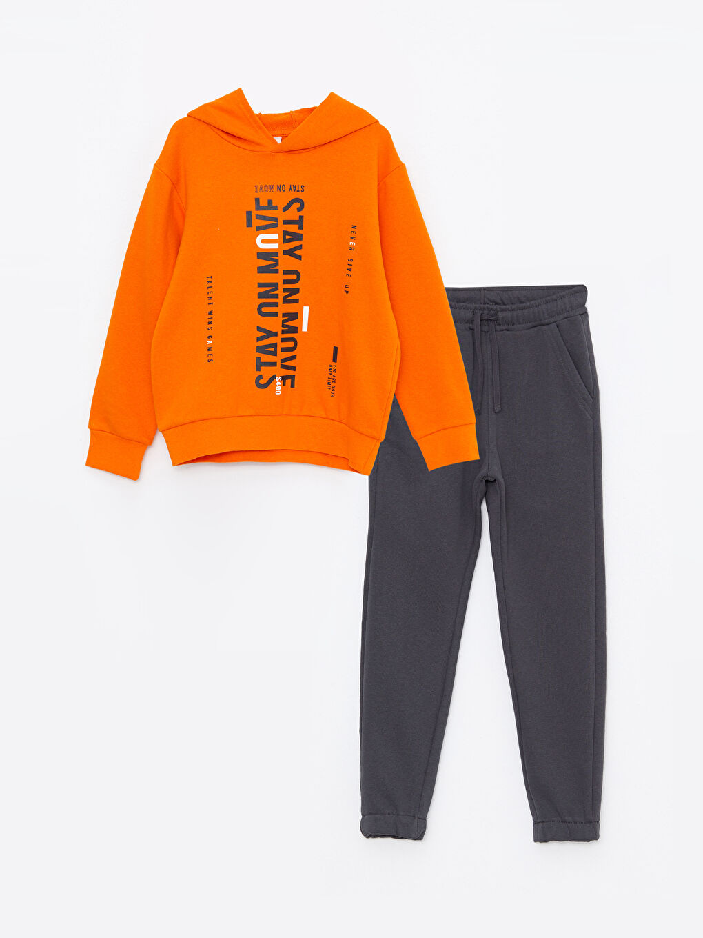 Turuncu Kapüşonlu Baskılı Uzun Kollu Erkek Çocuk Sweatshirt ve Eşofman Altı