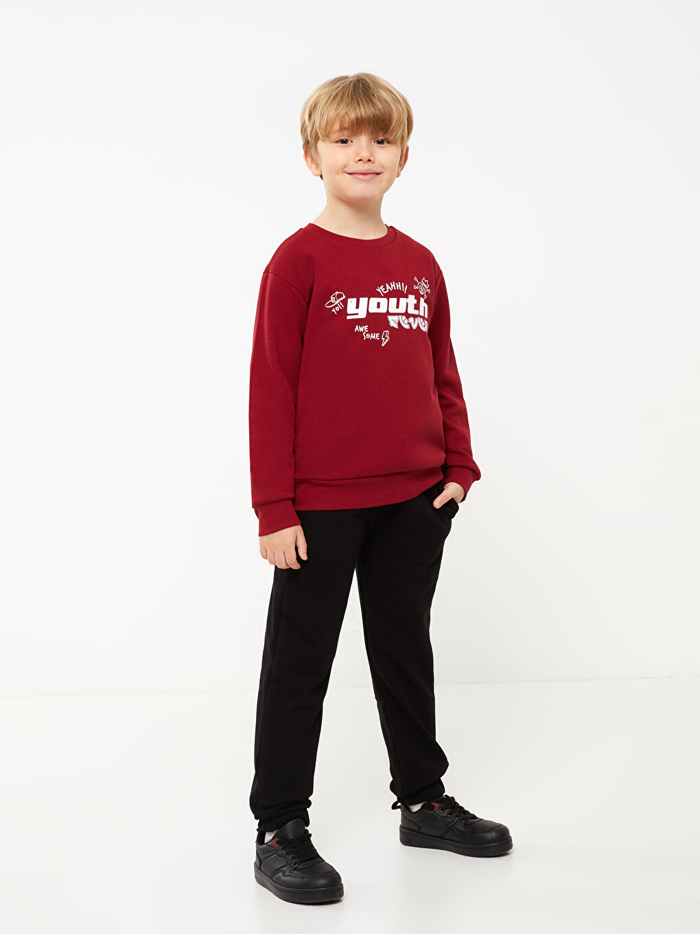 Bordo Bisiklet Yaka Baskılı Uzun Kollu Erkek Çocuk Sweatshirt ve Eşofman Altı