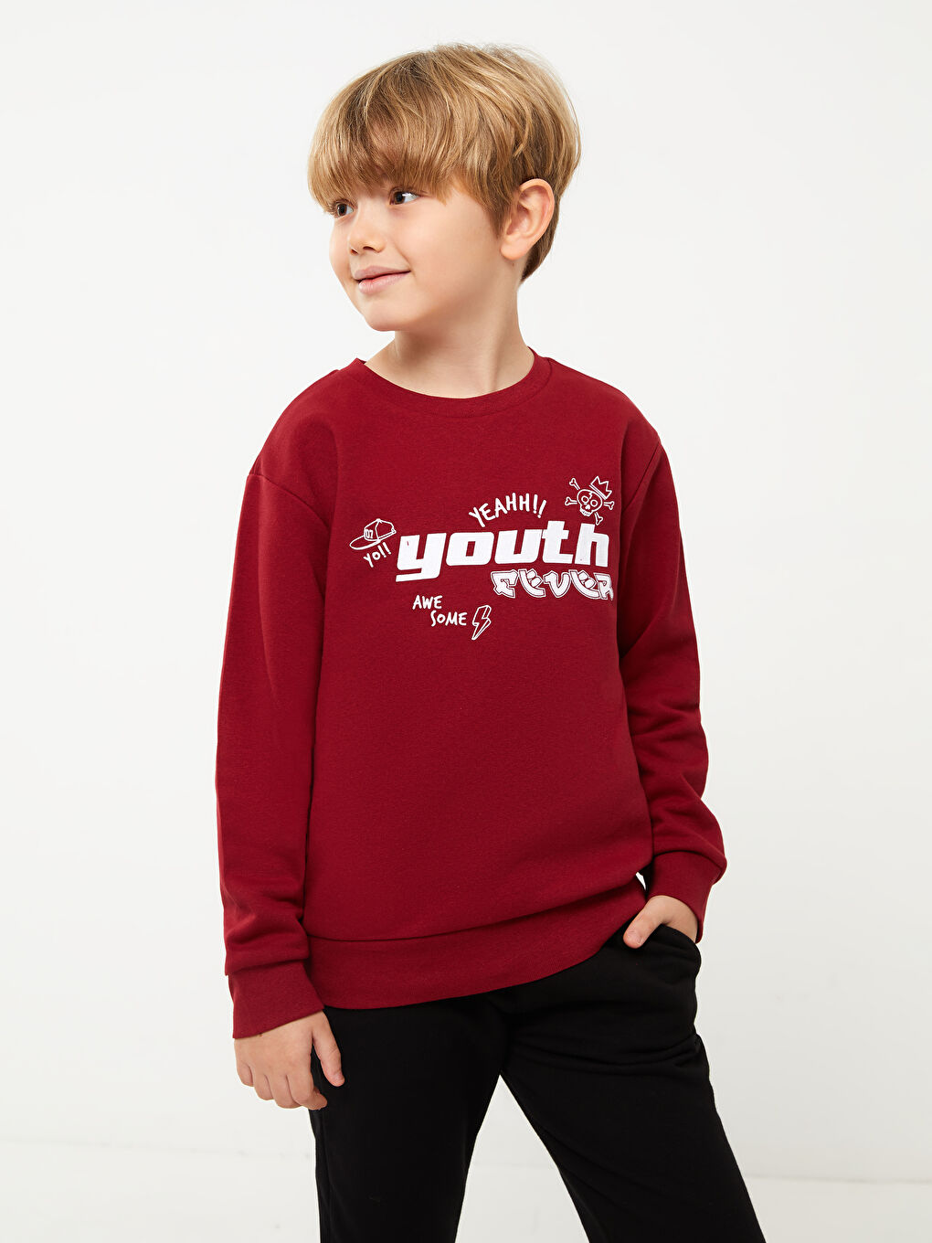 Bordo Bisiklet Yaka Baskılı Uzun Kollu Erkek Çocuk Sweatshirt ve Eşofman Altı-1