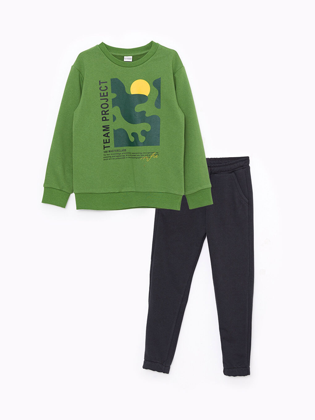 Yeşil Bisiklet Yaka Baskılı Uzun Kollu Erkek Çocuk Sweatshirt ve Eşofman Altı