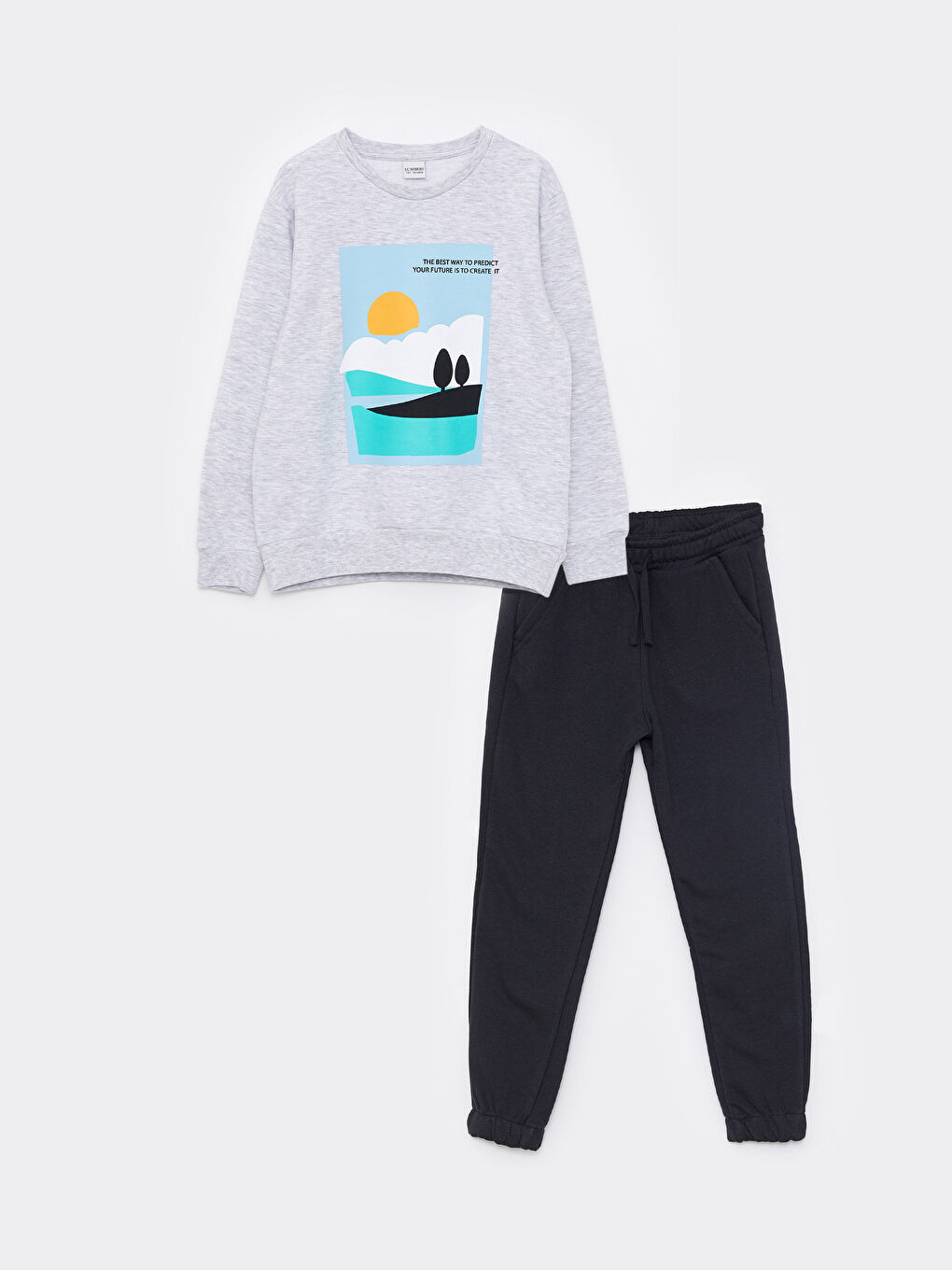 Gri Bisiklet Yaka Baskılı Uzun Kollu Erkek Çocuk Sweatshirt ve Eşofman Altı