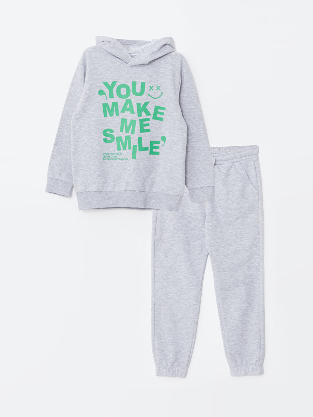 Gri Kapüşonlu Baskılı Uzun Kollu Erkek Çocuk Sweatshirt ve Eşofman Altı