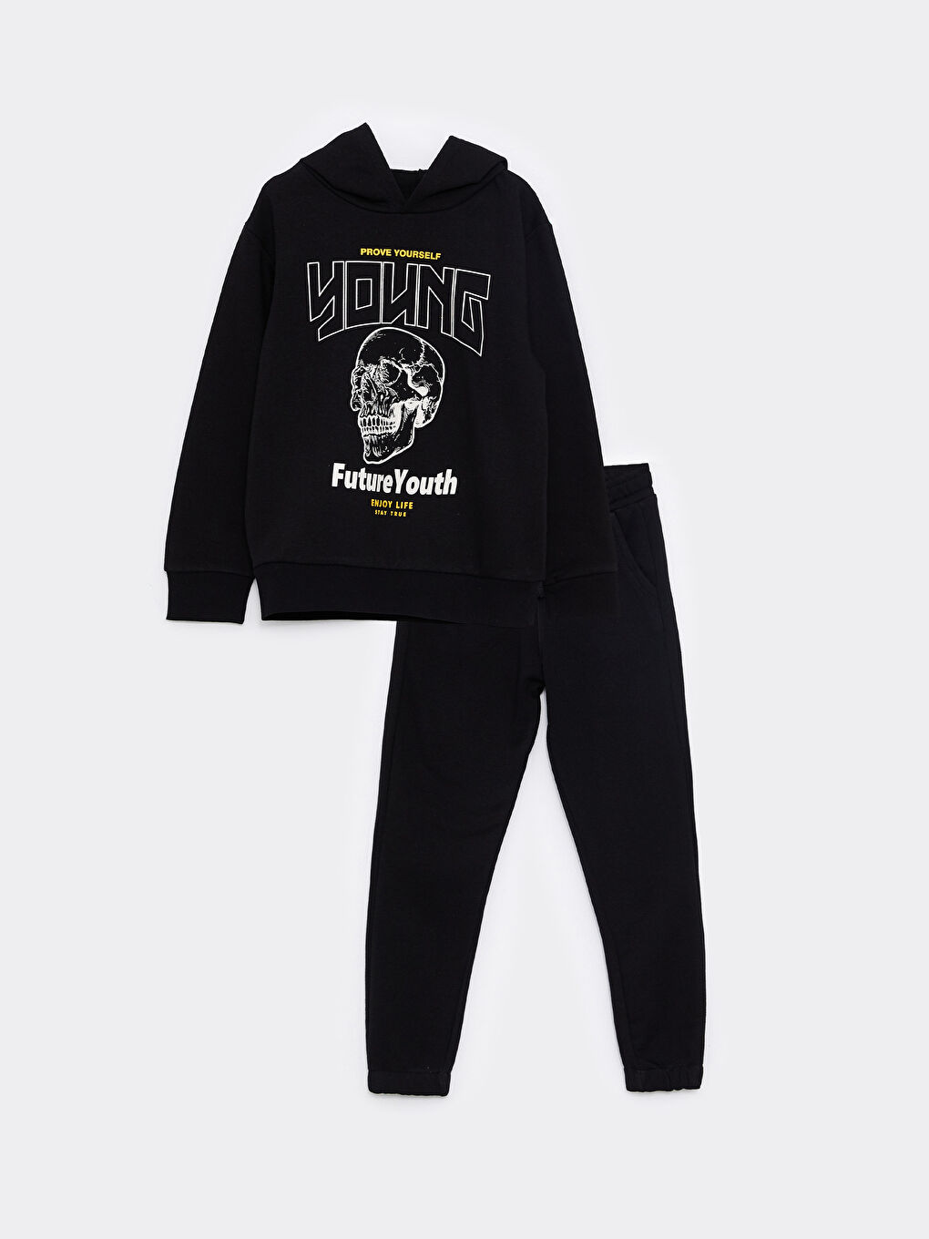 Siyah Kapüşonlu Baskılı Uzun Kollu Erkek Çocuk Sweatshirt ve Eşofman Altı