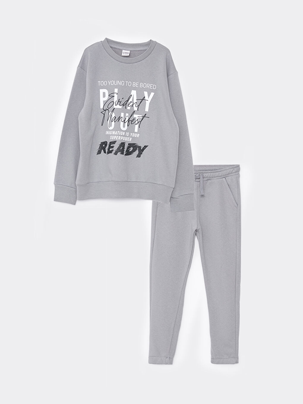 Gri Bisiklet Yaka Baskılı Uzun Kollu Erkek Çocuk Sweatshirt ve Eşofman Altı