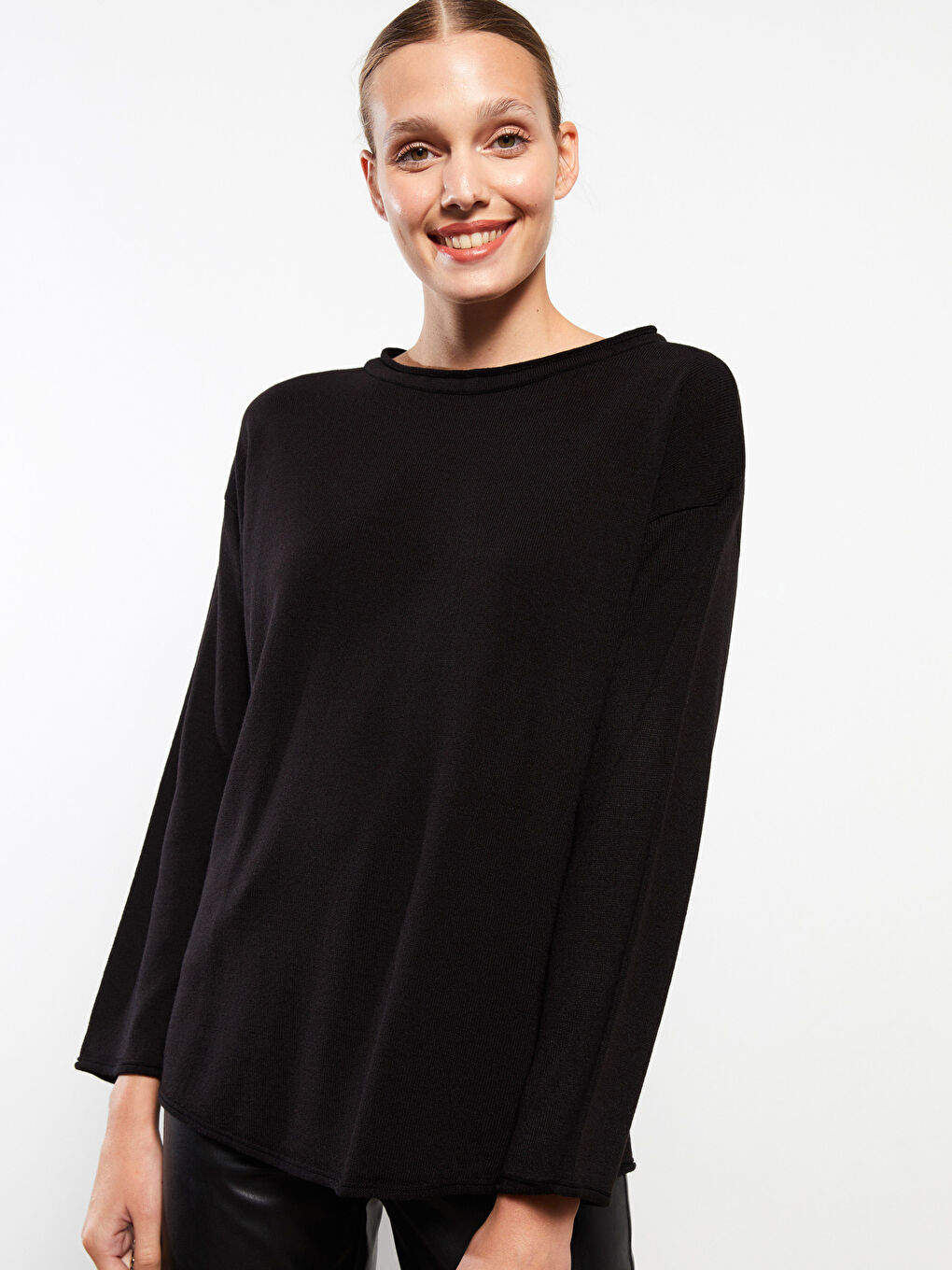 Slash Neck Plain Long Sleeve Women's Knitwear Sweater