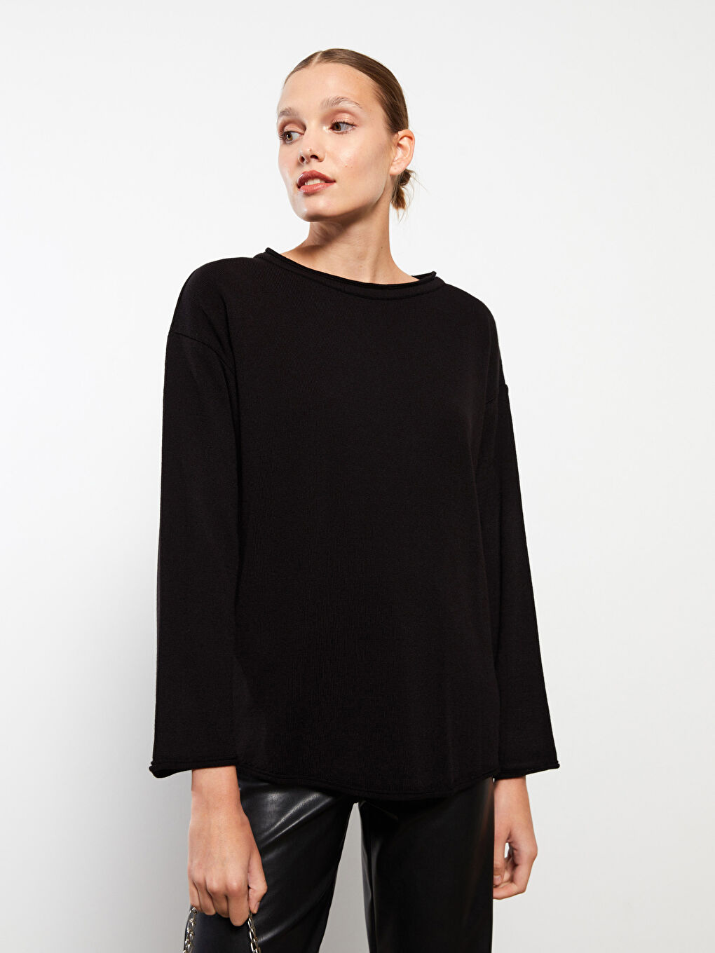 Slash Neck Plain Long Sleeve Women's Knitwear Sweater-1