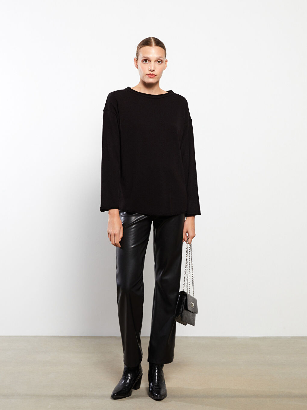 Slash Neck Plain Long Sleeve Women's Knitwear Sweater-2