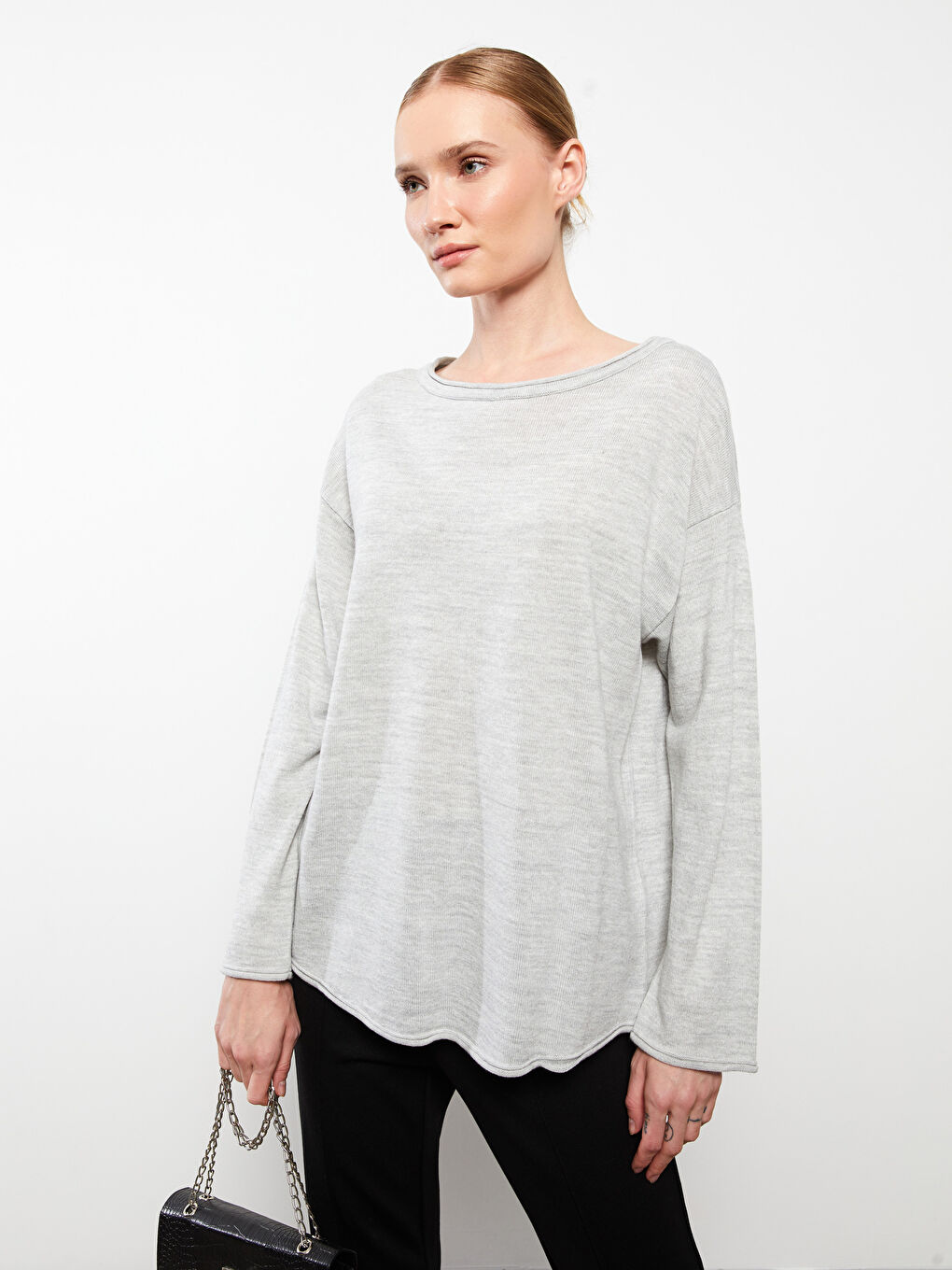 Slash Neck Plain Long Sleeve Women's Knitwear Sweater