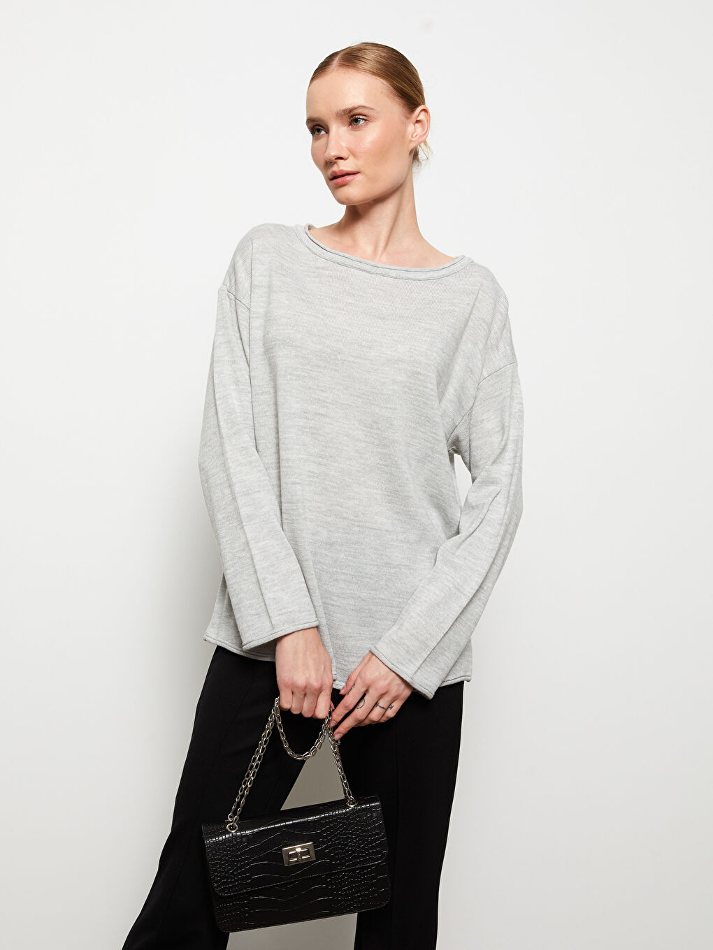 Slash Neck Plain Long Sleeve Women's Knitwear Sweater-1