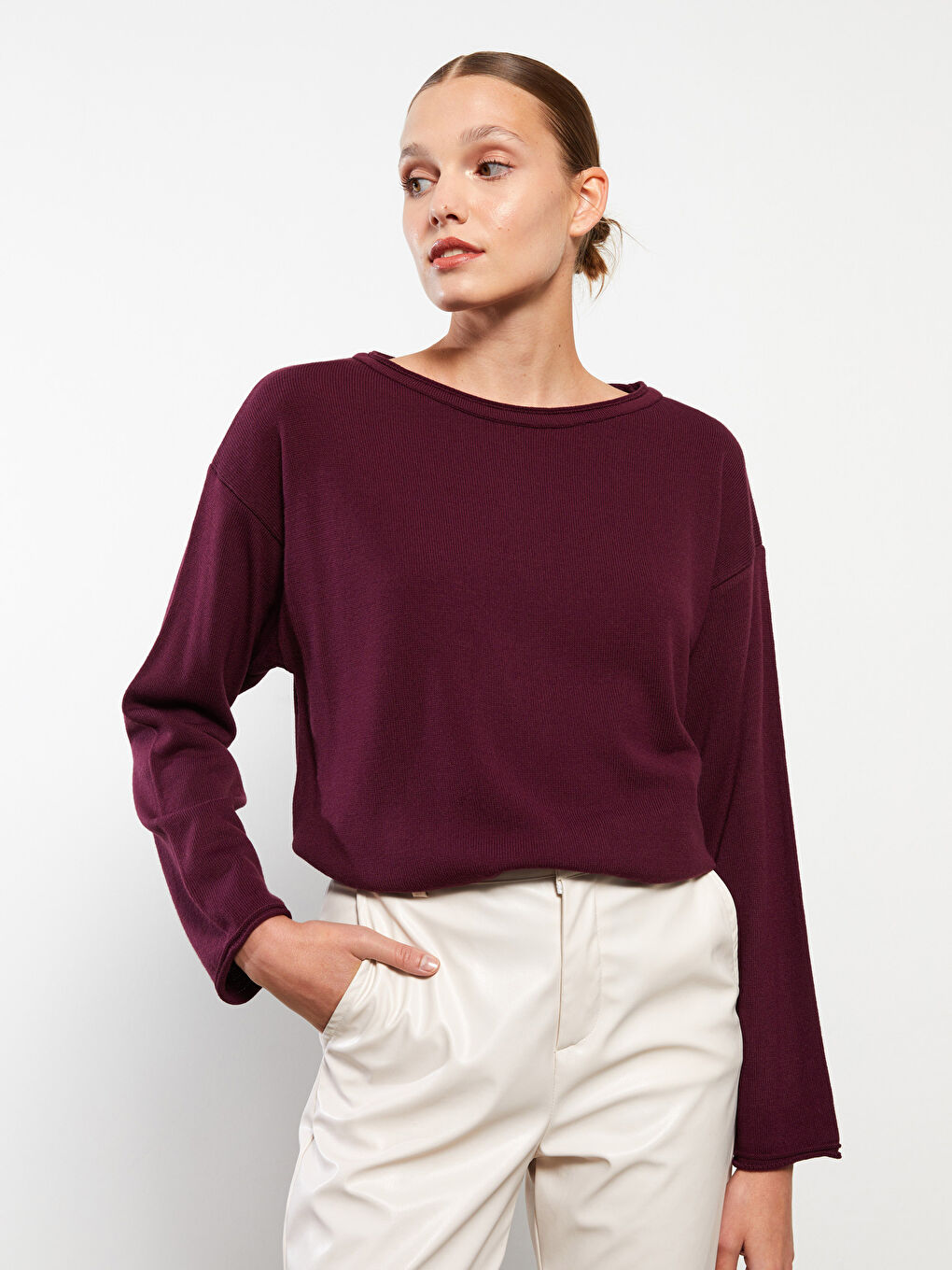 Slash Neck Plain Long Sleeve Women's Knitwear Sweater-1