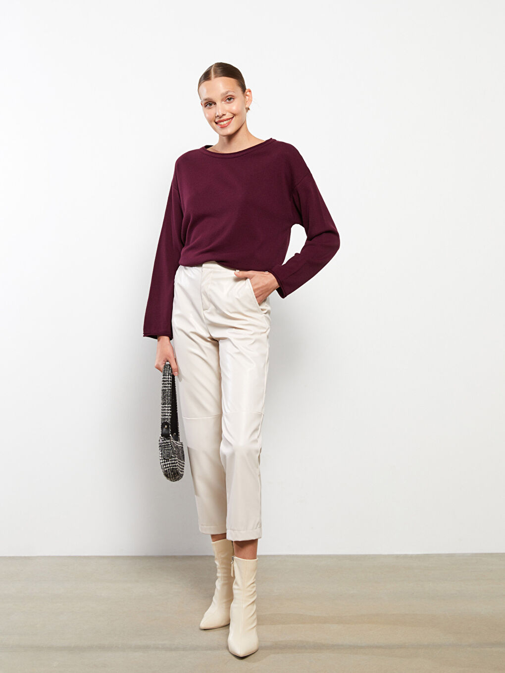 Slash Neck Plain Long Sleeve Women's Knitwear Sweater-2