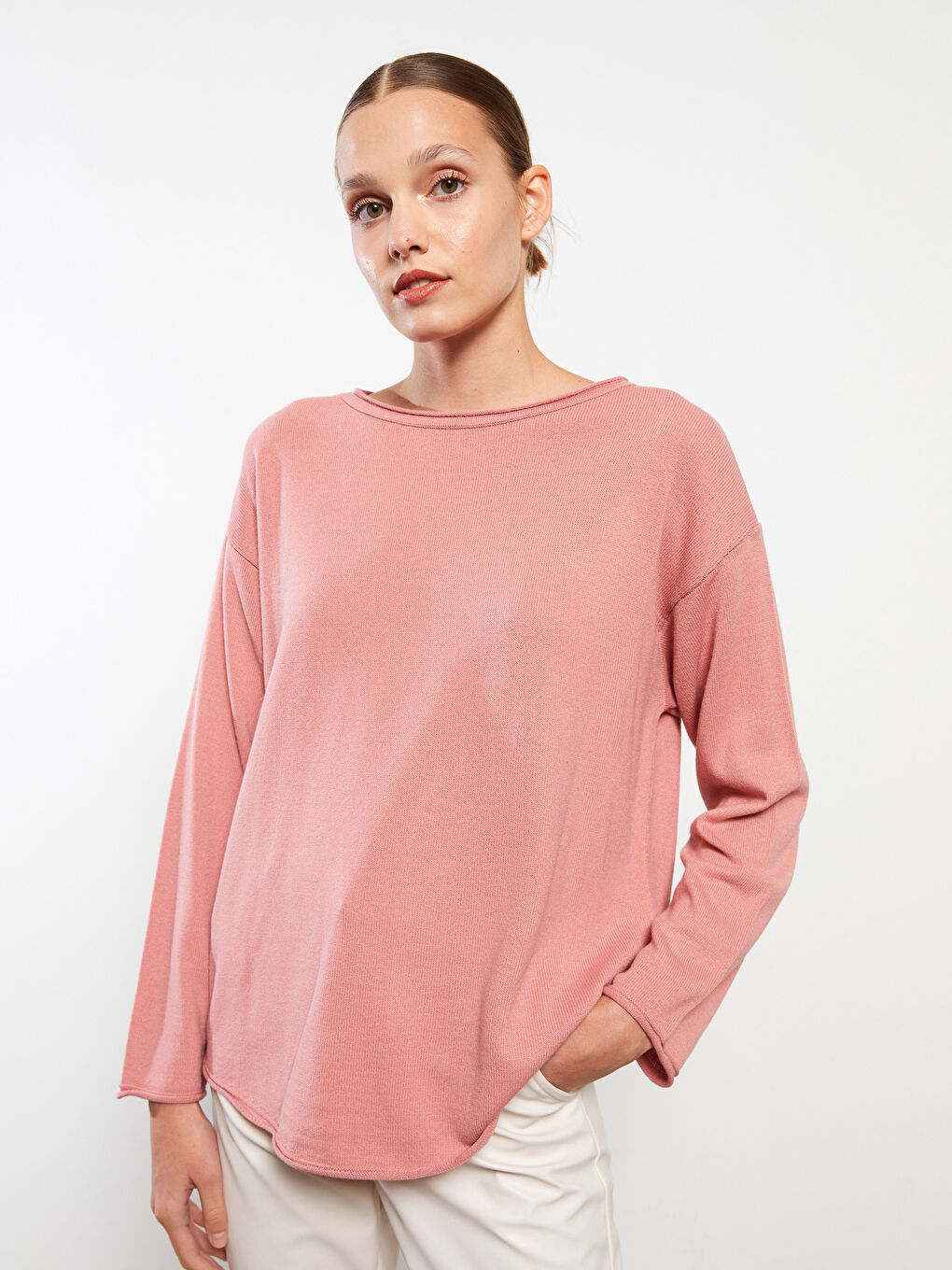 Slash Neck Plain Long Sleeve Women's Knitwear Sweater-1