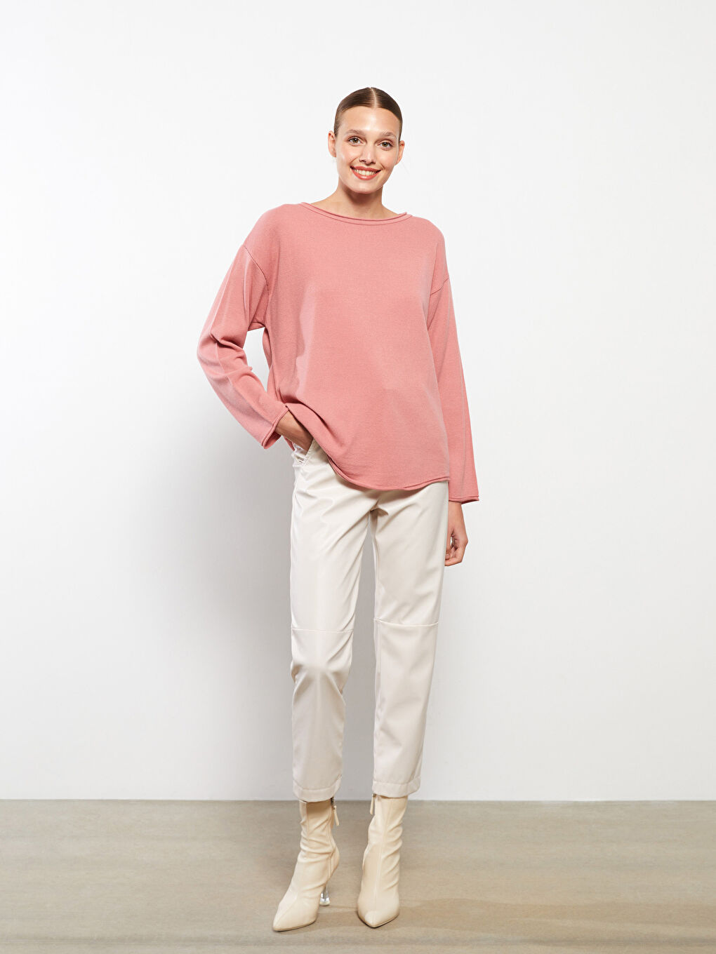 Slash Neck Plain Long Sleeve Women's Knitwear Sweater-2