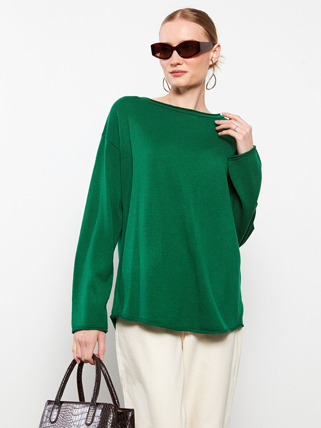 Yeşil Kayık Yaka Düz Uzun Kollu Kadın Triko Kazak-2