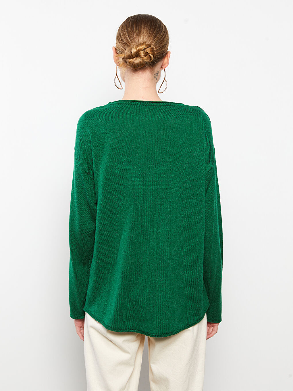 Yeşil Kayık Yaka Düz Uzun Kollu Kadın Triko Kazak-4