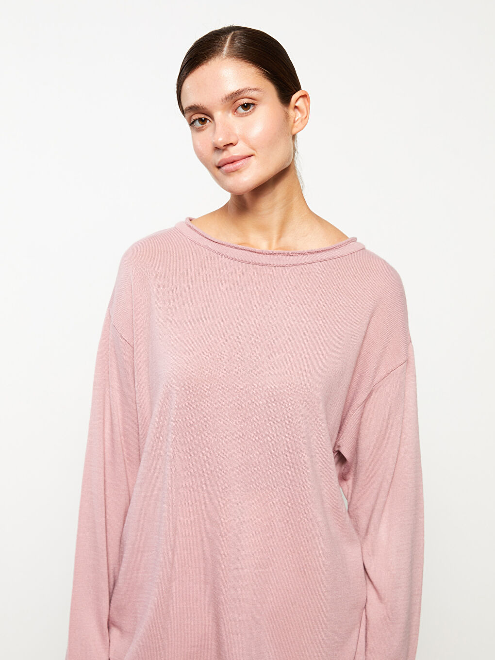 Pembe Kayık Yaka Düz Uzun Kollu Kadın Triko Kazak