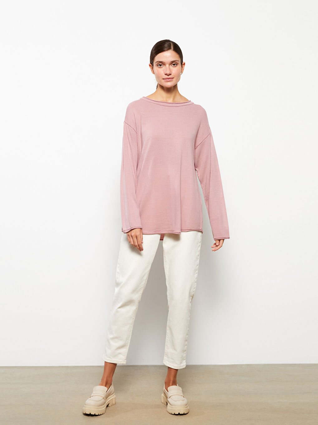 Pembe Kayık Yaka Düz Uzun Kollu Kadın Triko Kazak-1