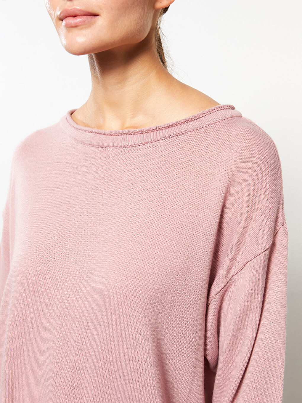 Pembe Kayık Yaka Düz Uzun Kollu Kadın Triko Kazak-3