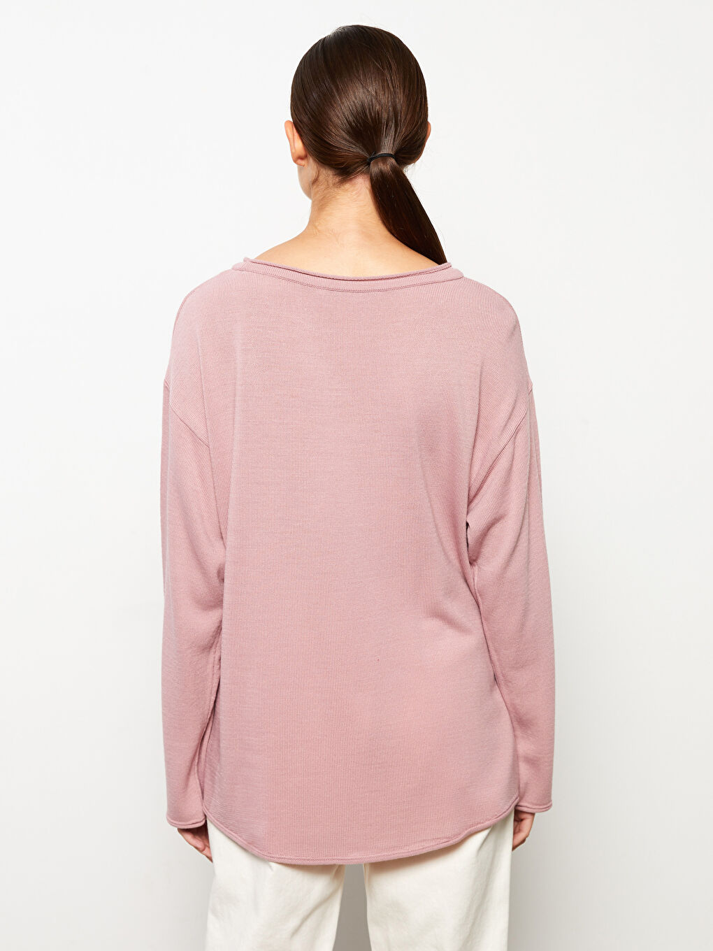 Pembe Kayık Yaka Düz Uzun Kollu Kadın Triko Kazak-4