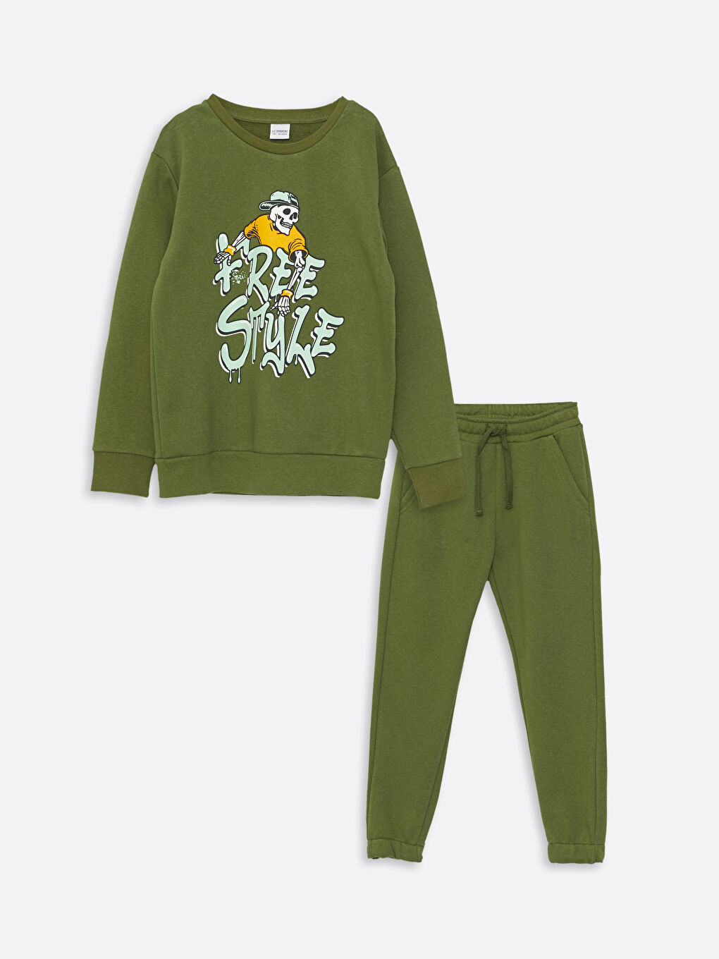 Yeşil Bisiklet Yaka Baskılı Uzun Kollu Erkek Çocuk Sweatshirt ve Eşofman Altı