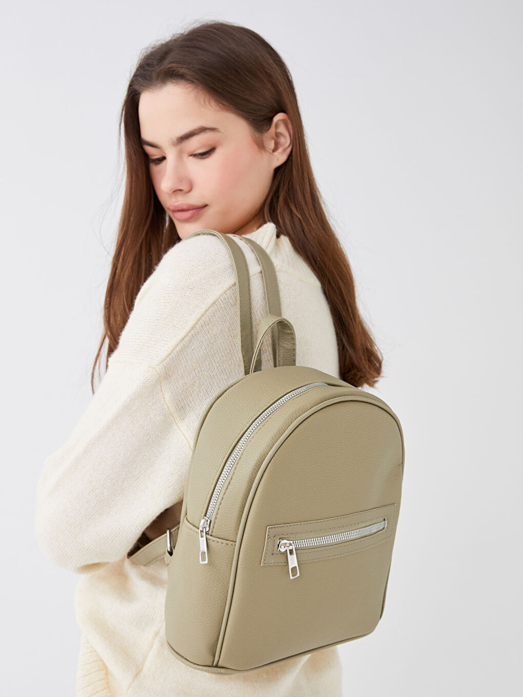 Haki Deri Görünümlü Kadın Sırt Çantası-1