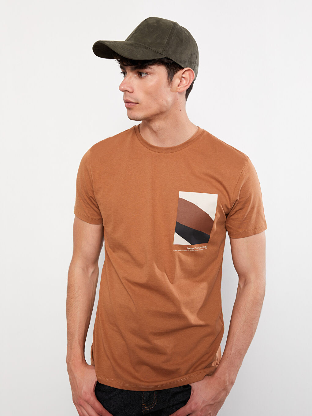 Kahverengi Bisiklet Yaka Kısa Kollu Baskılı Penye Erkek Tişört-2