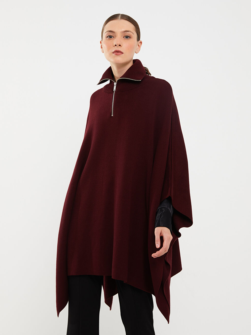 LCW Modest Kırmızı Polo Yaka Düz Oversize Kadın Triko Panço - 1