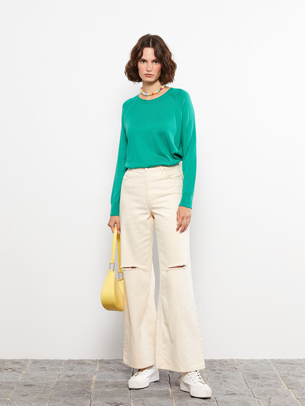 Turkuaz Bisiklet Yaka Düz Uzun Kollu Kadın Triko Kazak