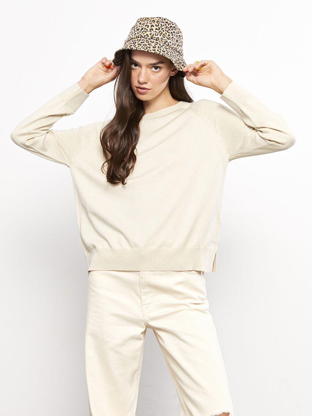 Bej Bisiklet Yaka Düz Uzun Kollu Kadın Triko Kazak