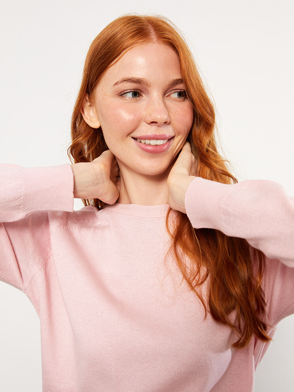 Pembe Bisiklet Yaka Düz Uzun Kollu Kadın Triko Kazak-3