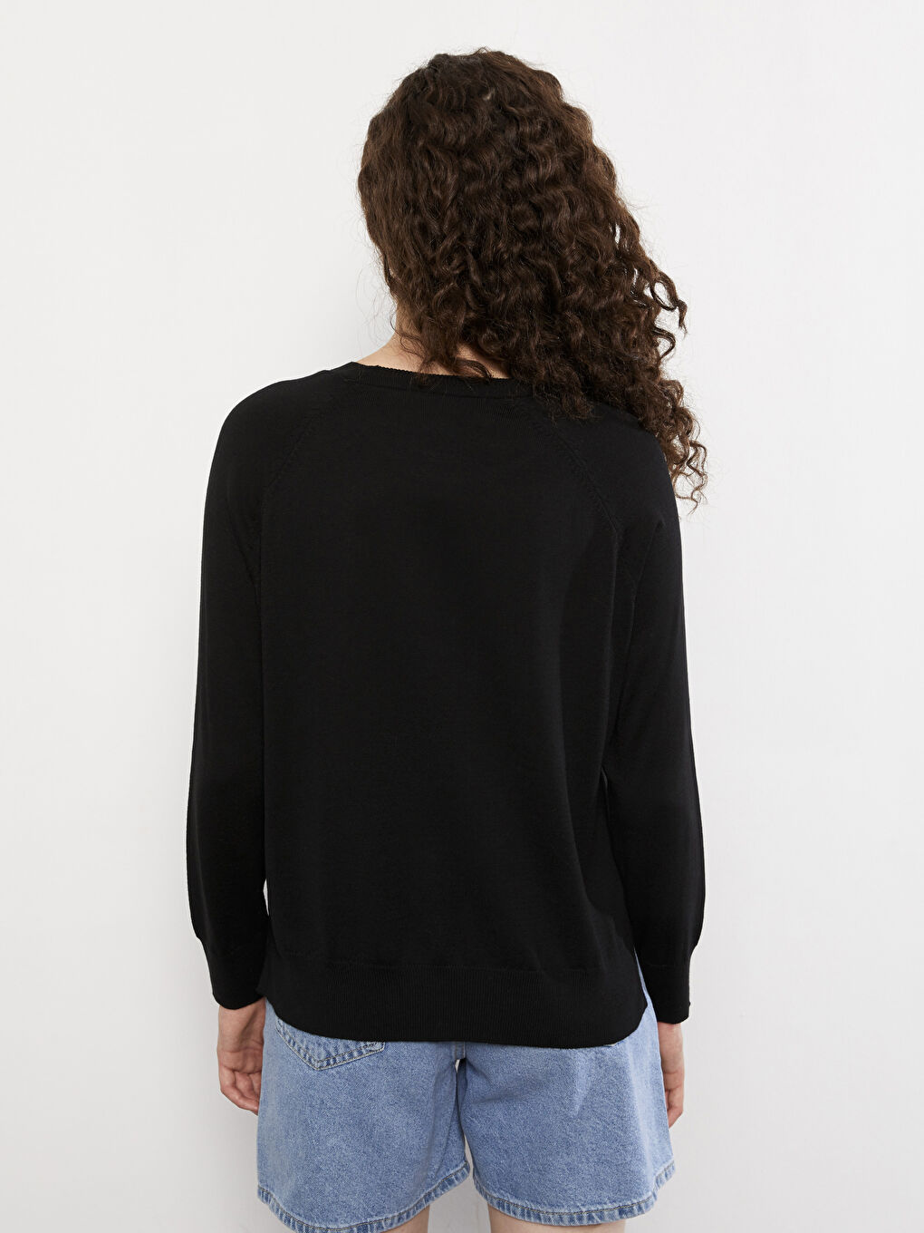 Siyah Bisiklet Yaka Düz Uzun Kollu Kadın Triko Kazak-4