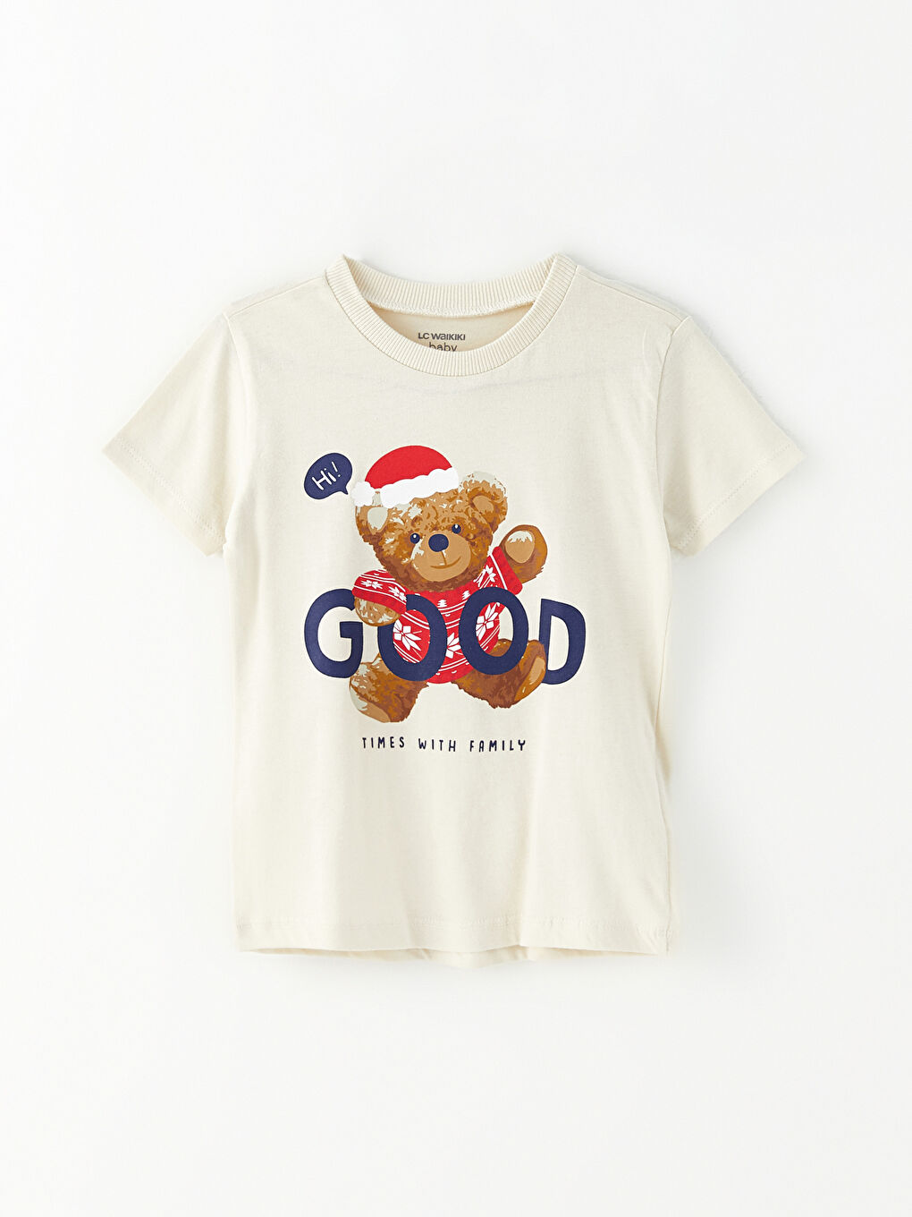 Bej Bisiklet Yaka Kısa Kol Baskılı Pamuklu Erkek Bebek Tişört