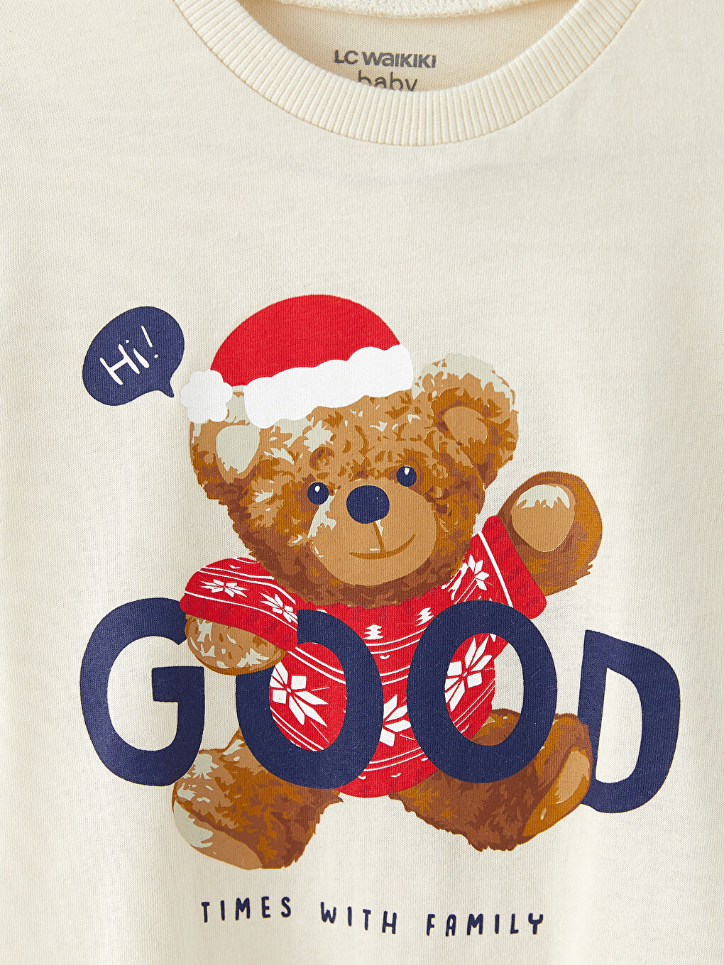 Bej Bisiklet Yaka Kısa Kol Baskılı Pamuklu Erkek Bebek Tişört-1